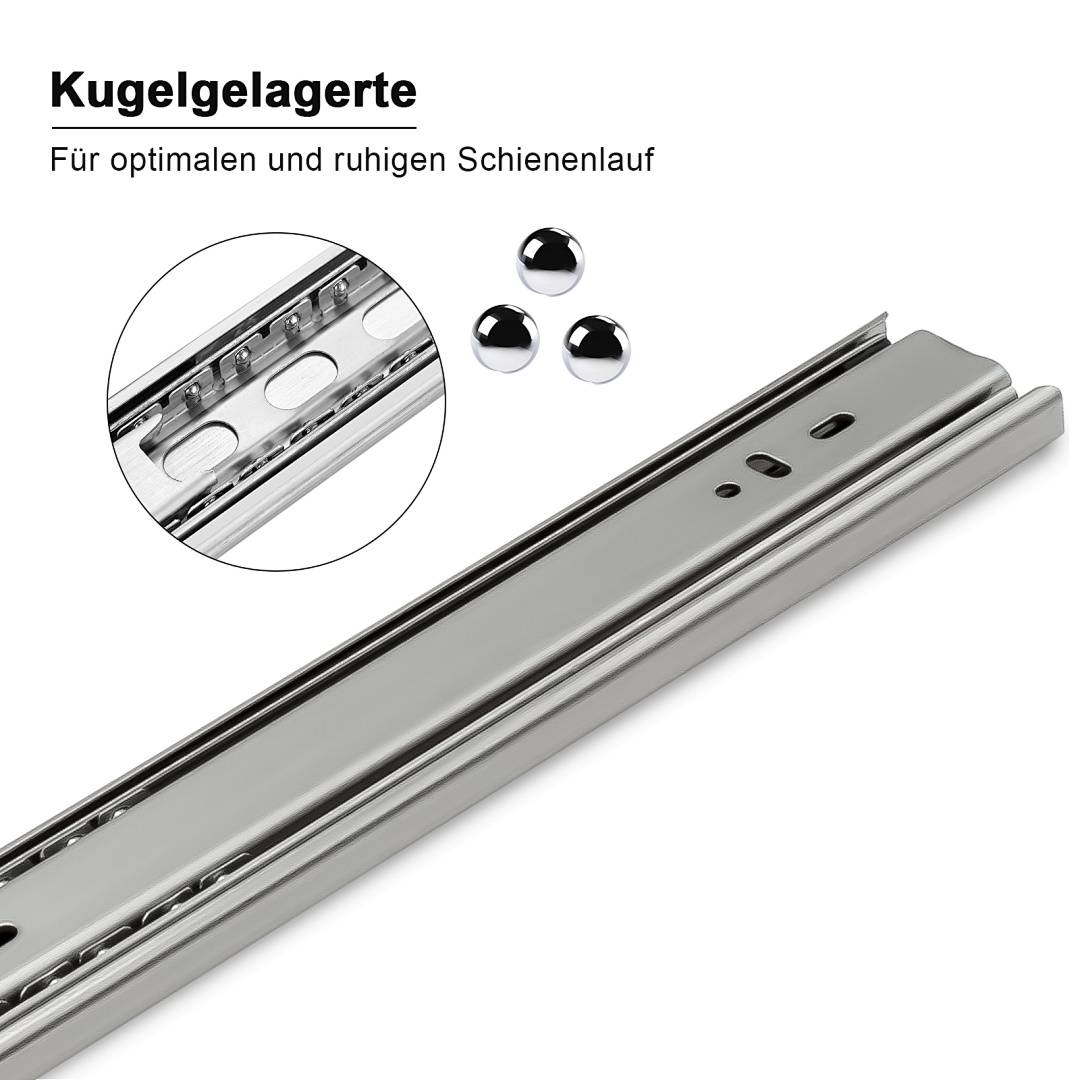 Kugelgelagerte Schubladenschiene mit eingefügter Nahaufnahme; deutscher Text besagt „Kugelgelagerte" und „Für optimalen und ruhigen Schienenlauf"" für glatte, leise Bewegung.