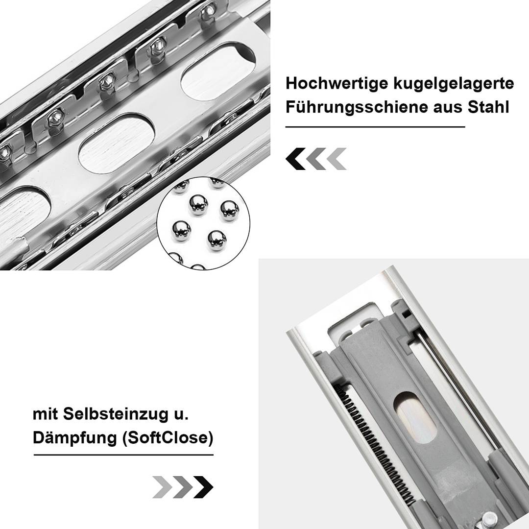 Produktgrafik einer Stahlkugellager-Schubladenschiene, die die Selbstschließung und SoftClose-Dämpfung hervorhebt; deutsche Textbeschriftungen kennzeichnen die hochwertige Führungsschiene.