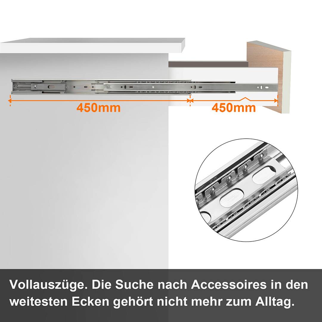 Diagramm einer Schubladenschiene mit Vollauszugsschienen mit 450 mm + 450 mm Fahrtweg und eine Nahaufnahme der Metalllagerschiene.