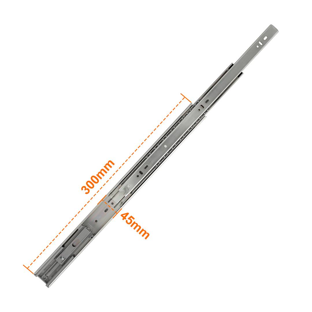 Metallführungsschiene in Diagonalansicht auf weißem Hintergrund, mit Beschriftung 300 mm Länge und 45 mm Breite.