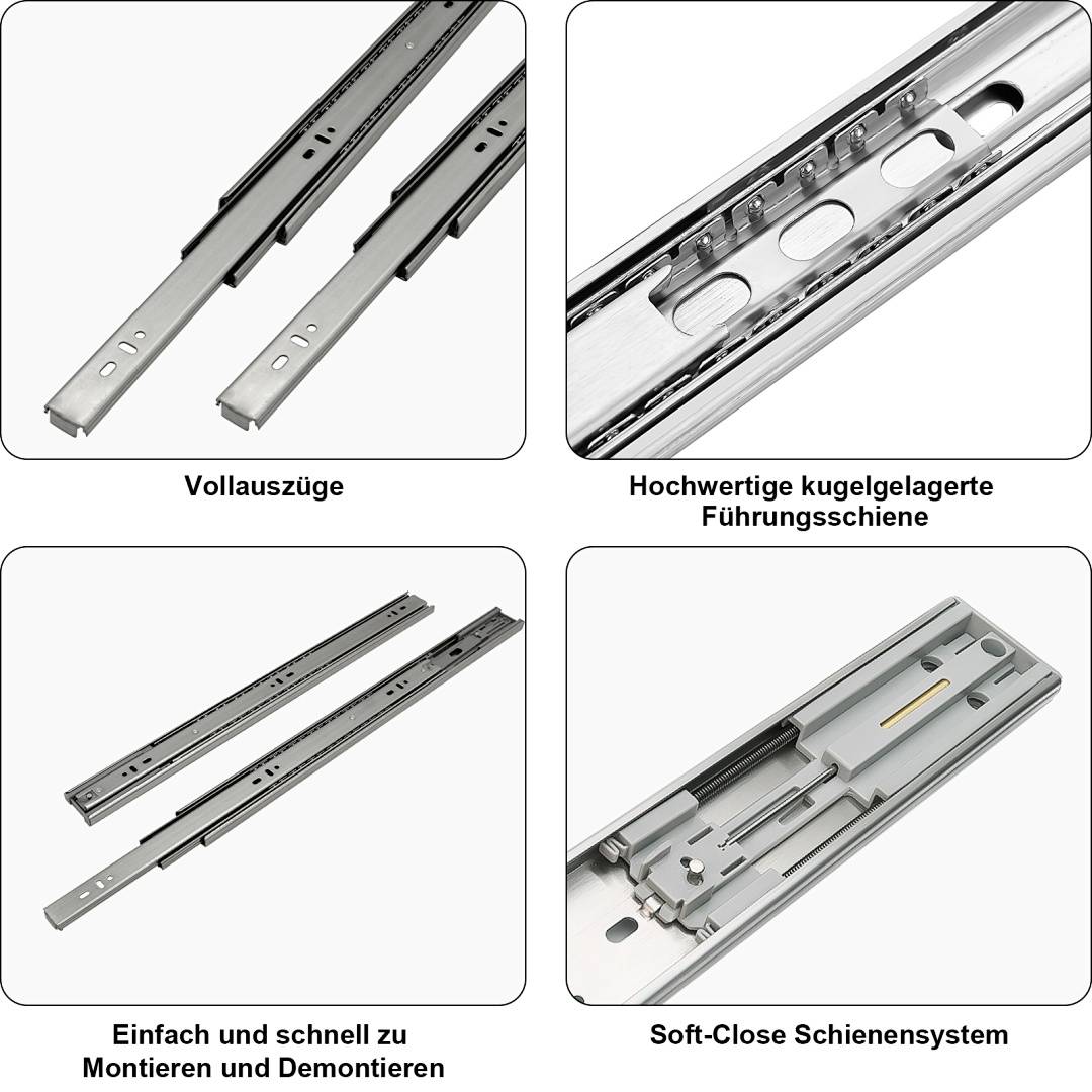Vier Produktfotos von Schubladenschienen, die vollständige Ausfahrt, Kugellagerführung, einfache Montage und Soft-Close-System zeigen.