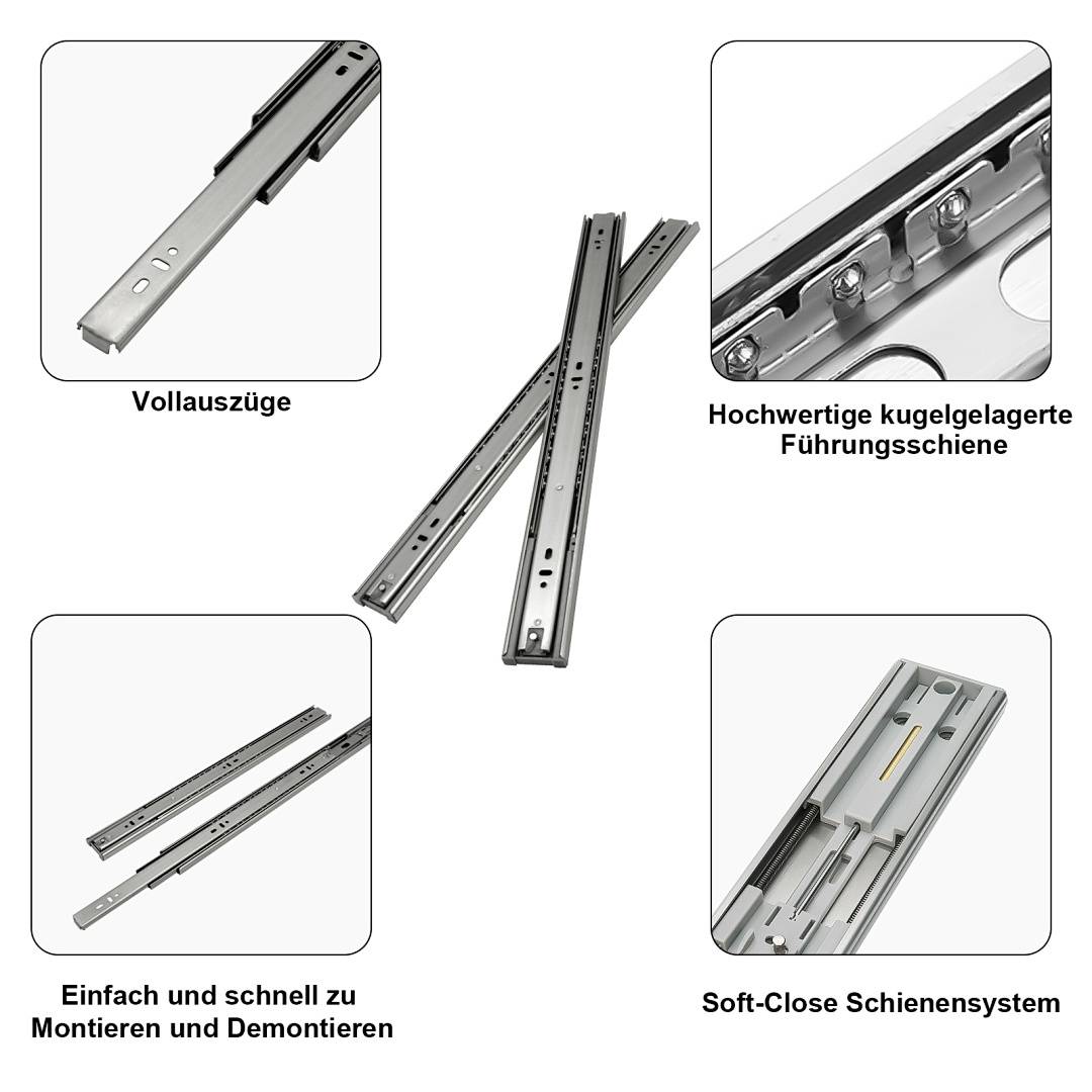 Produktbild von Metallschubladenschienen mit Hinweisen für vollständige Ausfahrt, hochwertige Kugellager-Schienen, einfache Installation/Entfernung und Soft-Close-System.