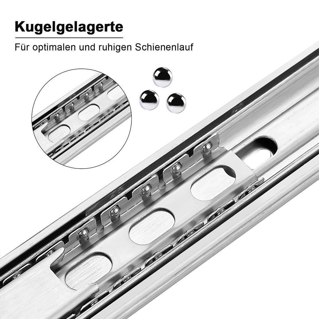 Produktbild einer kugelgelagerten Schubladenschiene mit Detailvergrößerung und deutschem Text „Kugelgelagerte" und „Für optimalen und ruhigen Schienenlauf"" zeigt sanfte, ruhige Schienenbewegung.