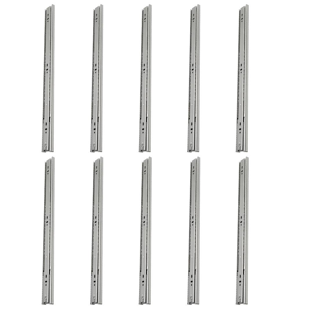 Zehn silberfarbene Metallschubladenauszüge, angeordnet in zwei Reihen mit je fünf auf weißem Hintergrund.