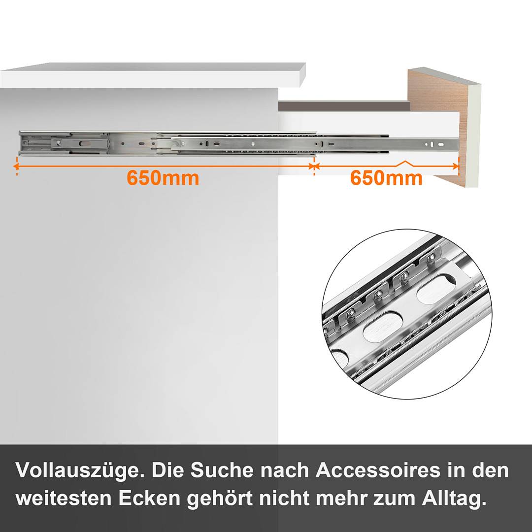 Diagramm einer Vollauszieh-Schubladenschiene mit zwei 650-mm-Abschnitten und einer Nahaufnahme des Metallschienenelements.