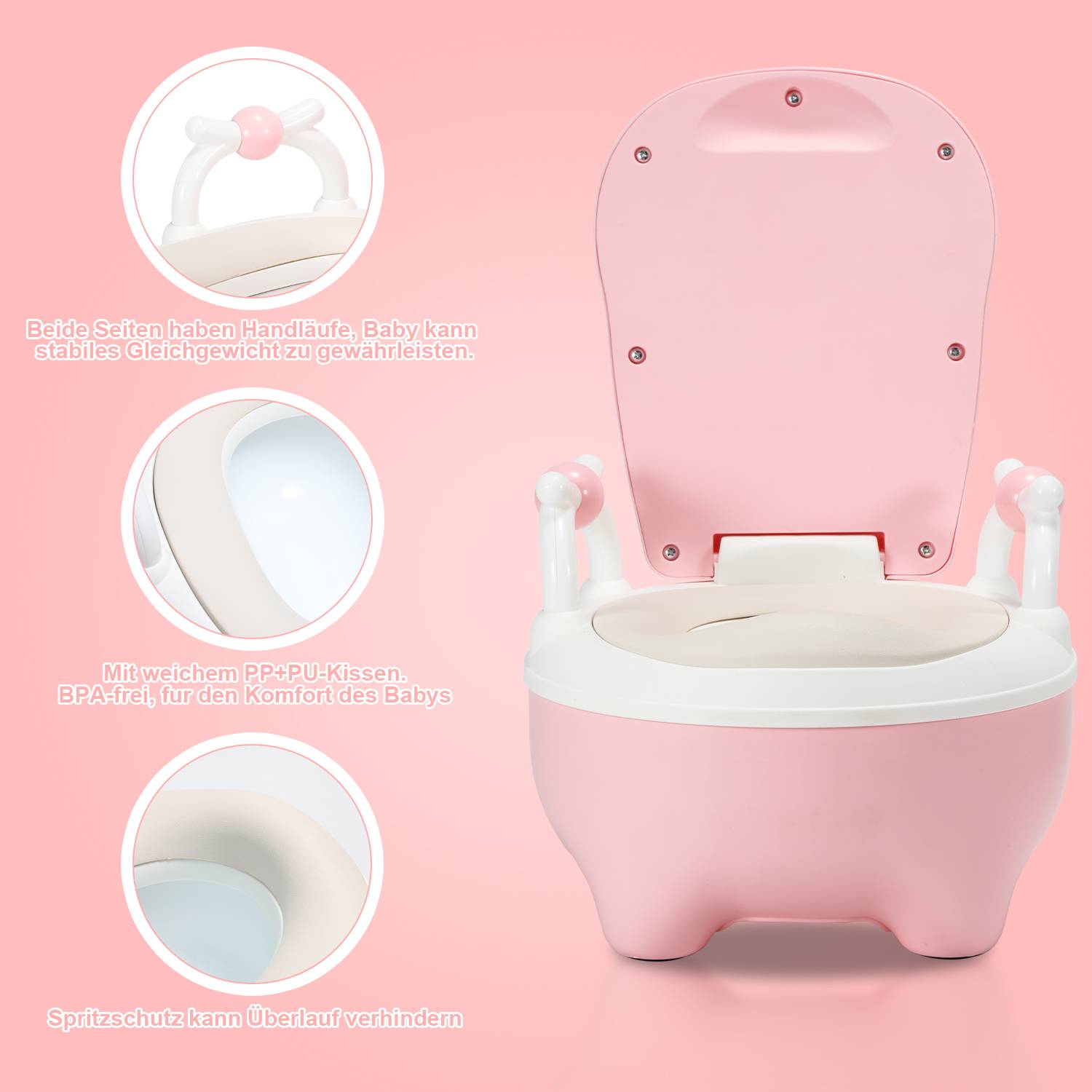 Kinder Töpfchen und Toilette für Babys, Babytopf mit WC-Funktion, Kinder Toilettensitz und Trainer mit Griffen und rutschfestem Design Rose