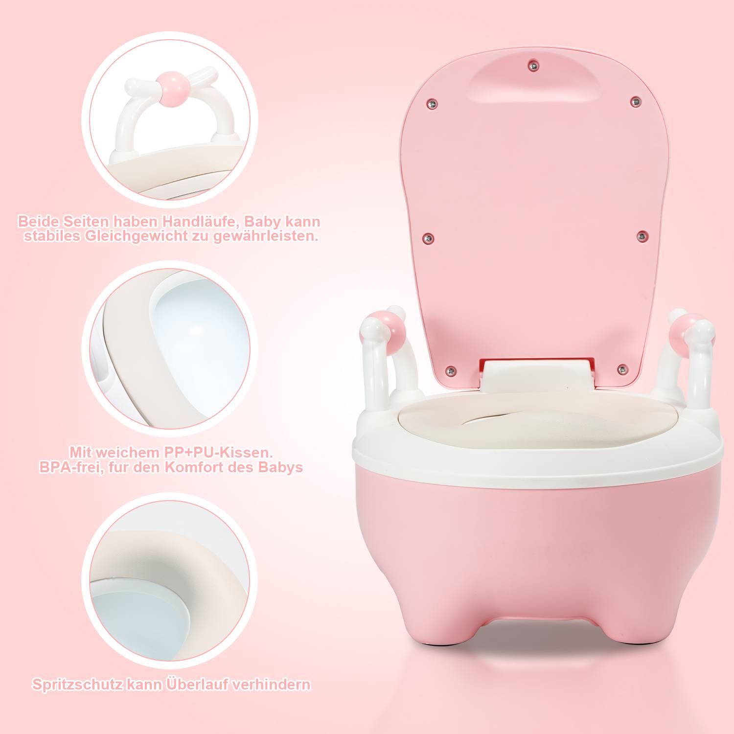 Kinder Töpfchen und Toilette für Babys, Babytopf mit WC-Funktion, Kinder Toilettensitz und Trainer mit Griffen und rutschfestem Design Rose