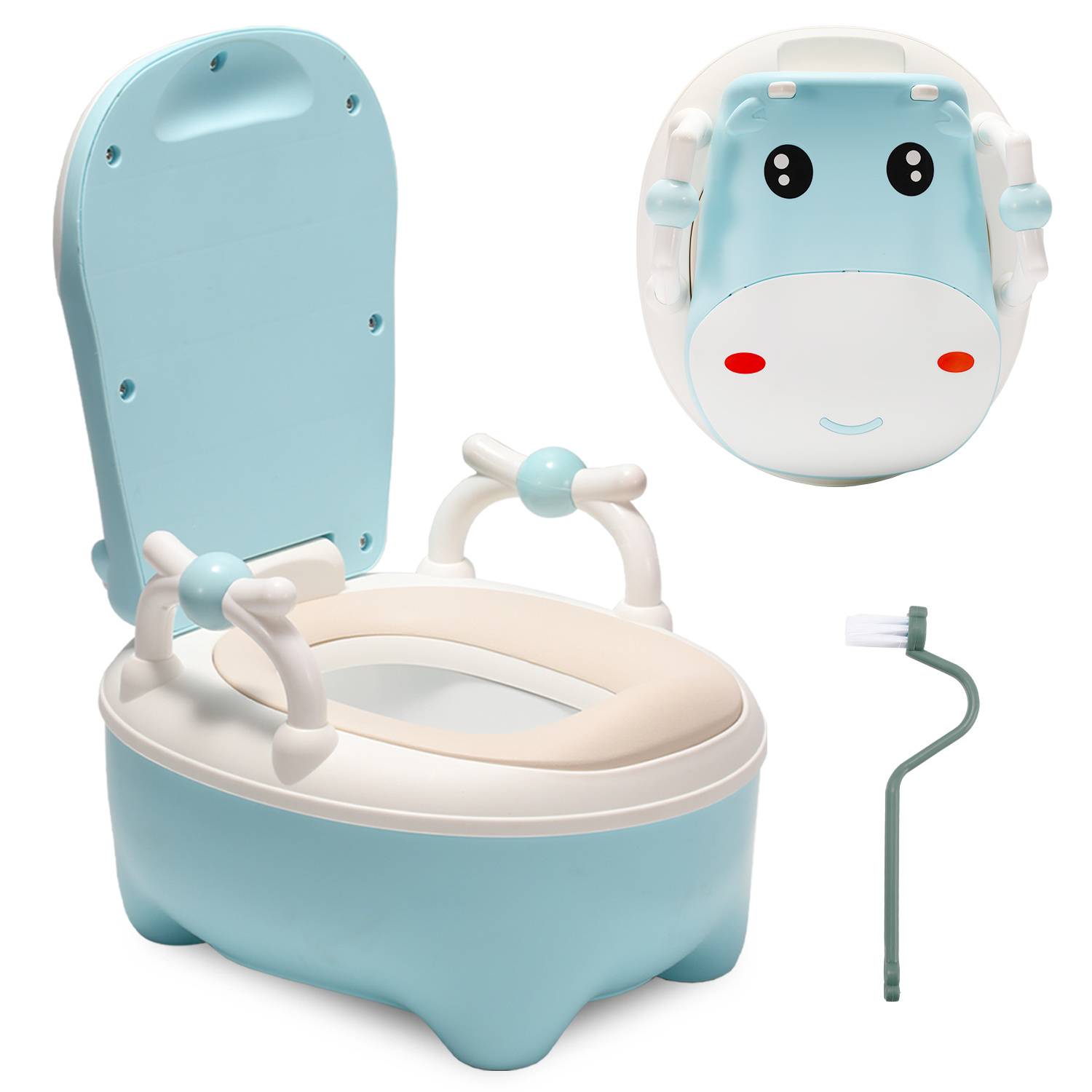 Toilettenstuhl für Babys im Cartoon-Stil in Hellblau und Weiß, mit einem aufklappbaren Deckel, Griffen, einem lachenden Gesicht und einer kleinen Reinigungsbürste daneben.