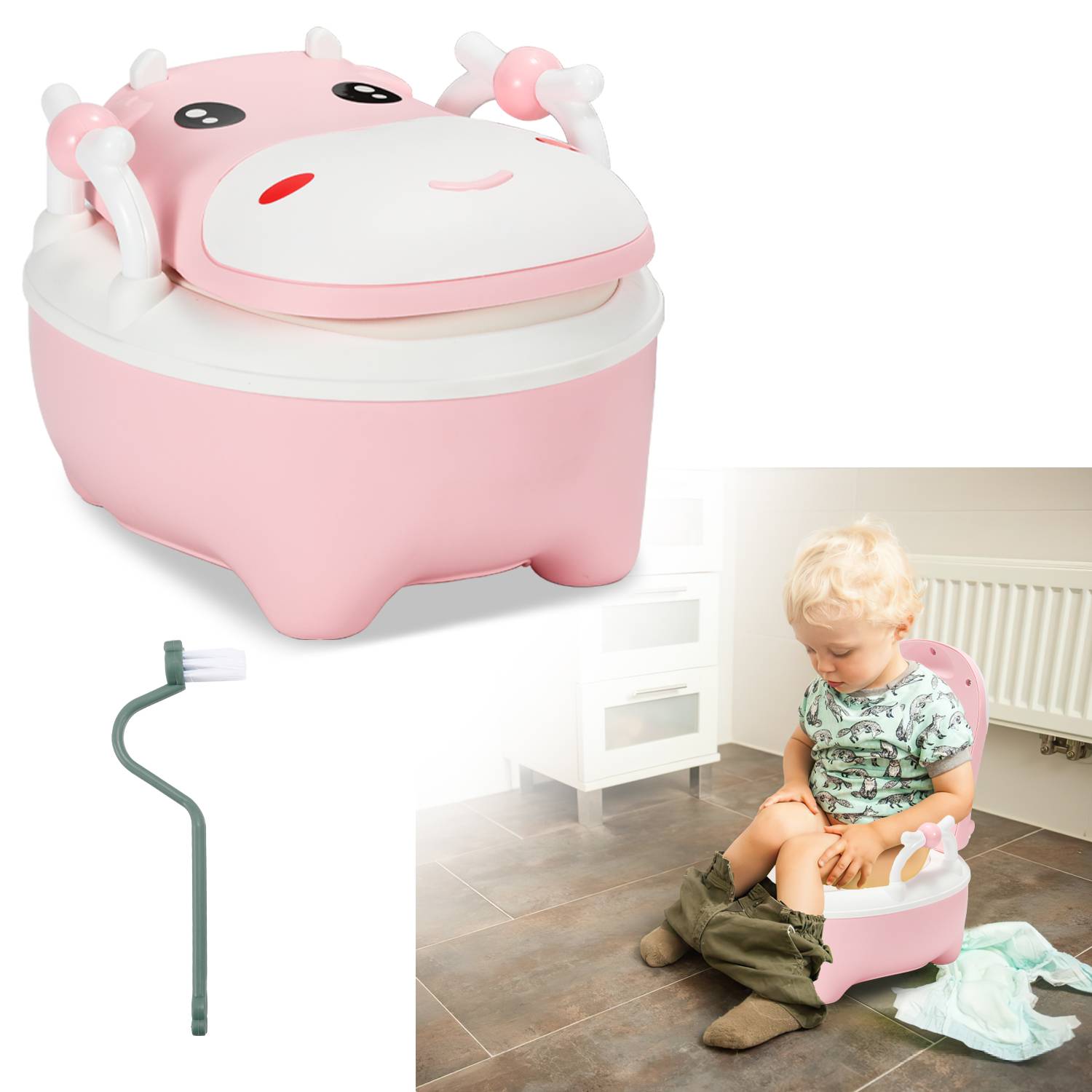 Kinder Töpfchen und Toilette für Babys, Babytopf mit WC-Funktion, Kinder Toilettensitz und Trainer mit Griffen und rutschfestem Design Rose