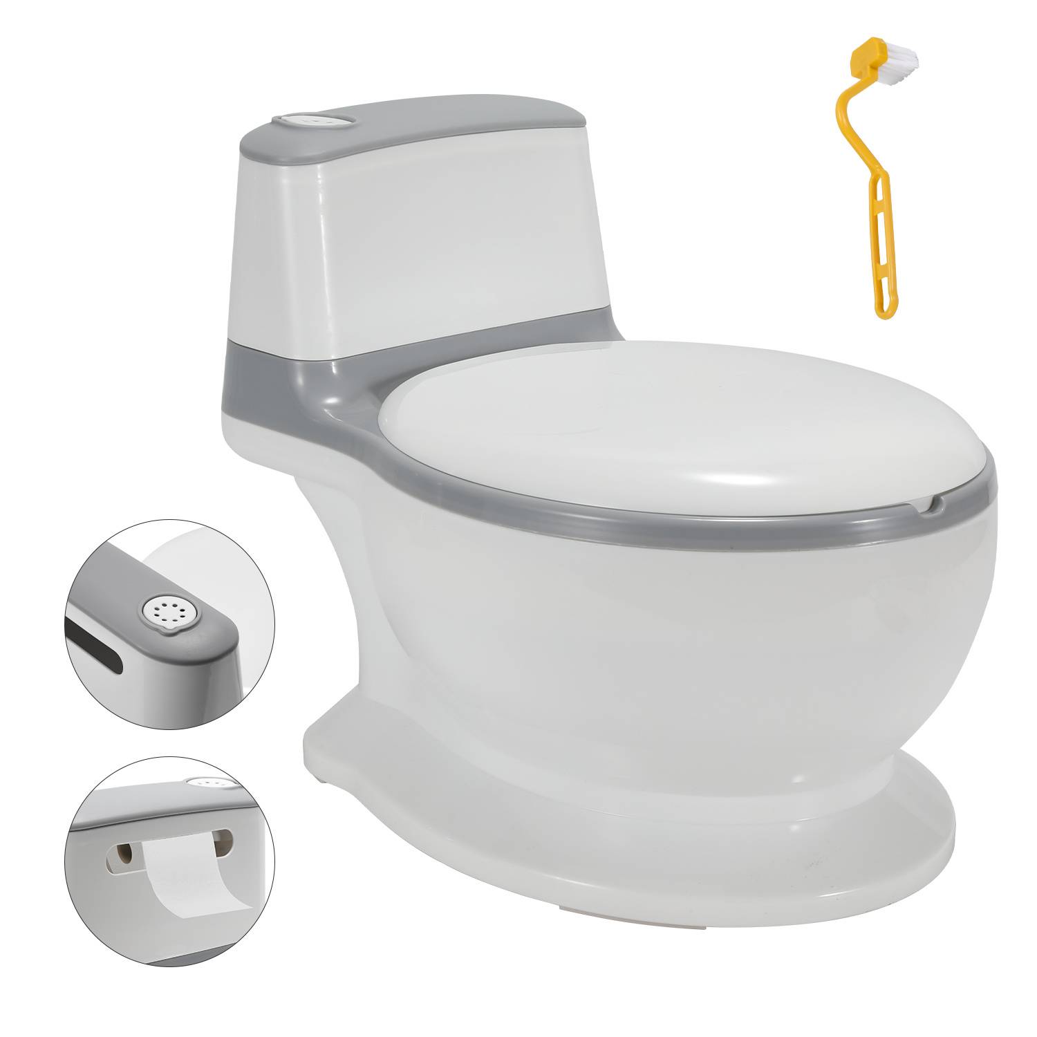 Weiße und graue Toilette mit geschlossenem Deckel, zwei eingefügte Details zeigend und eine gelbe Reinigungsbürste auf der rechten Seite.