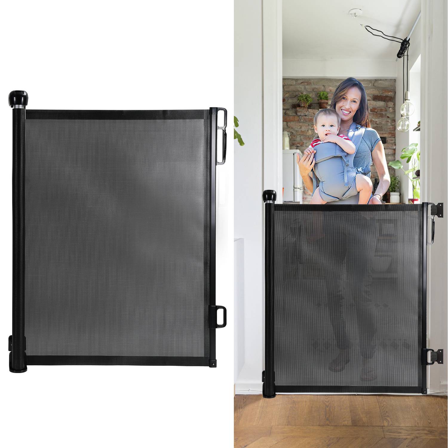 Treppenschutzgitter Ausziehbar Türschutzgitter Absperrgitter Roll, ausziehen 0-180 cm für Kinder & Haustiere, Schwarz