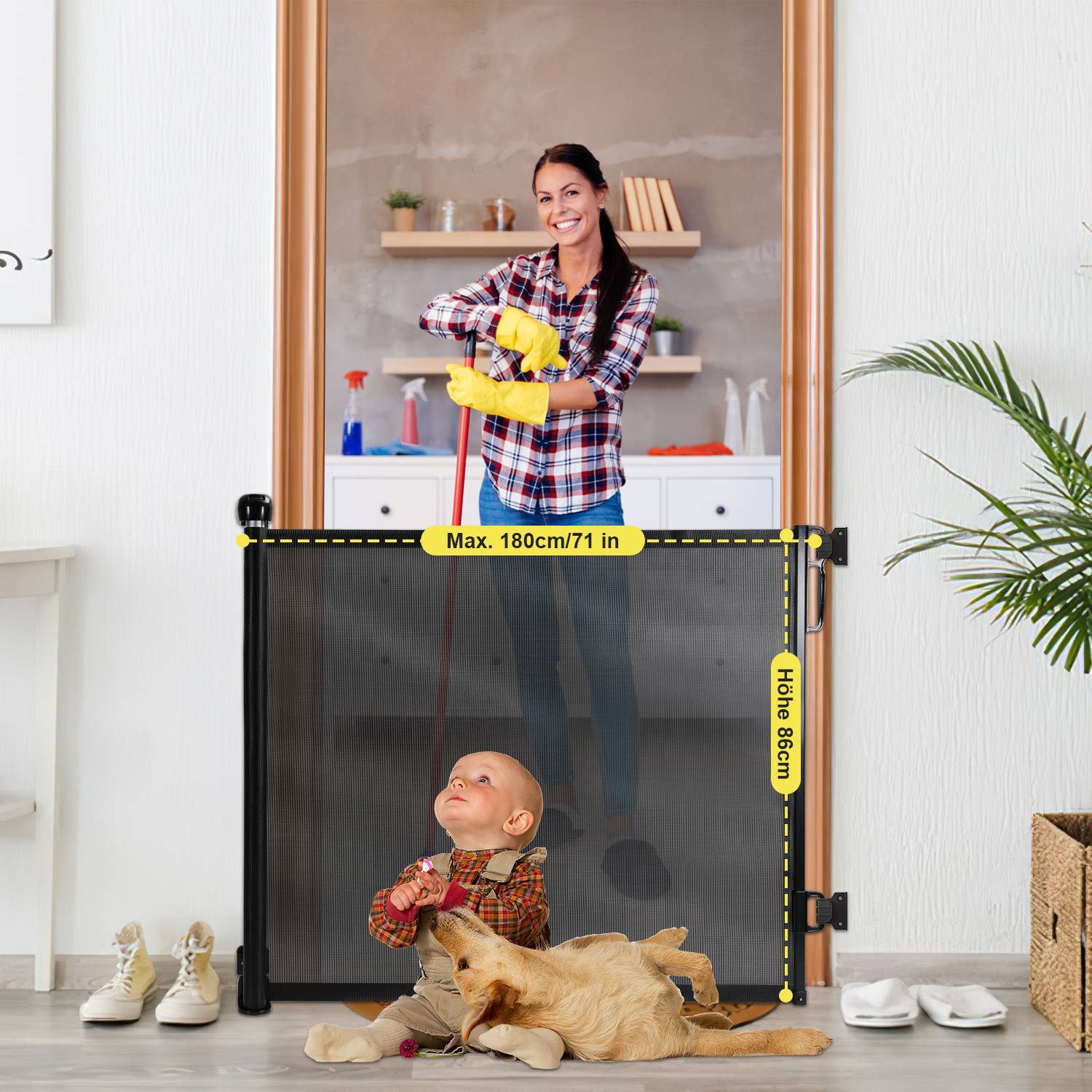 Treppenschutzgitter Ausziehbar Türschutzgitter Absperrgitter Roll, ausziehen 0-180 cm für Kinder & Haustiere, Schwarz
