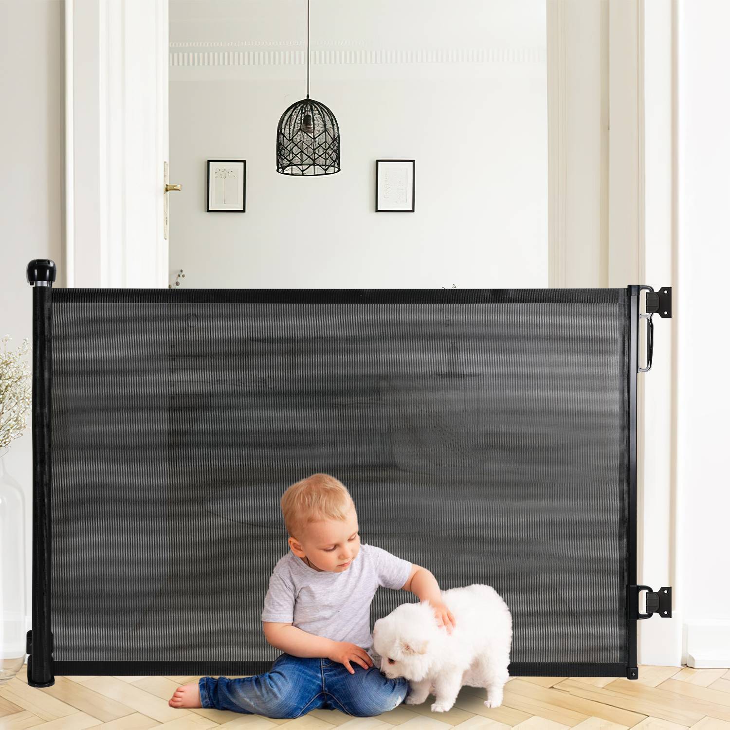 Treppenschutzgitter Ausziehbar Türschutzgitter Absperrgitter Roll, ausziehen 0-180 cm für Kinder & Haustiere, Schwarz