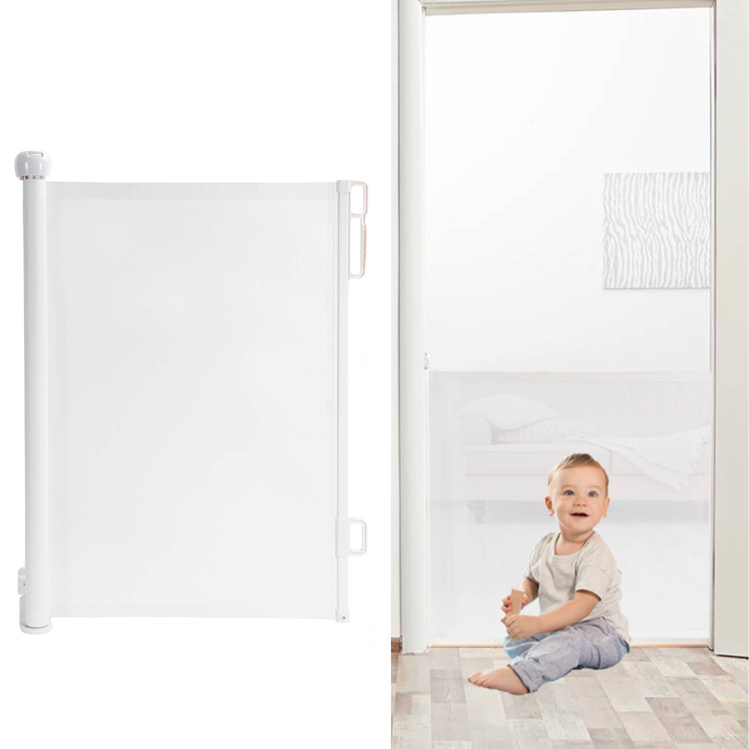 Treppenschutzgitter Ausziehbar Türschutzgitter Absperrgitter Roll, ausziehen 0-180 cm für Kinder & Haustiere, Weiß