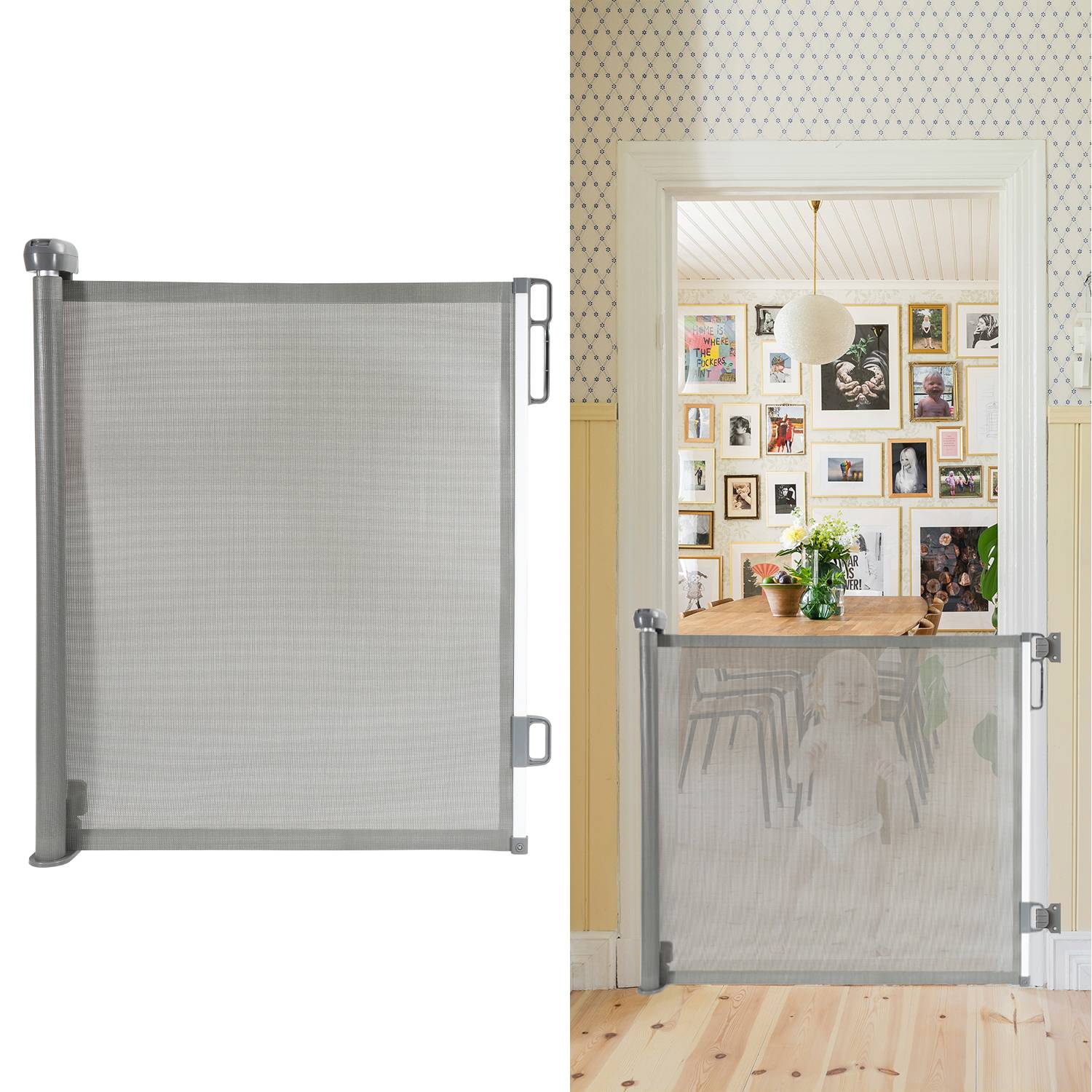 Treppenschutzgitter Ausziehbar Türschutzgitter Absperrgitter Roll, ausziehen 0-150 cm für Kinder & Haustiere, Grau