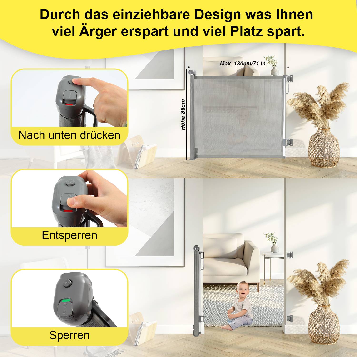 Treppenschutzgitter Ausziehbar Türschutzgitter Absperrgitter Roll, ausziehen 0-180 cm für Kinder & Haustiere, Grau