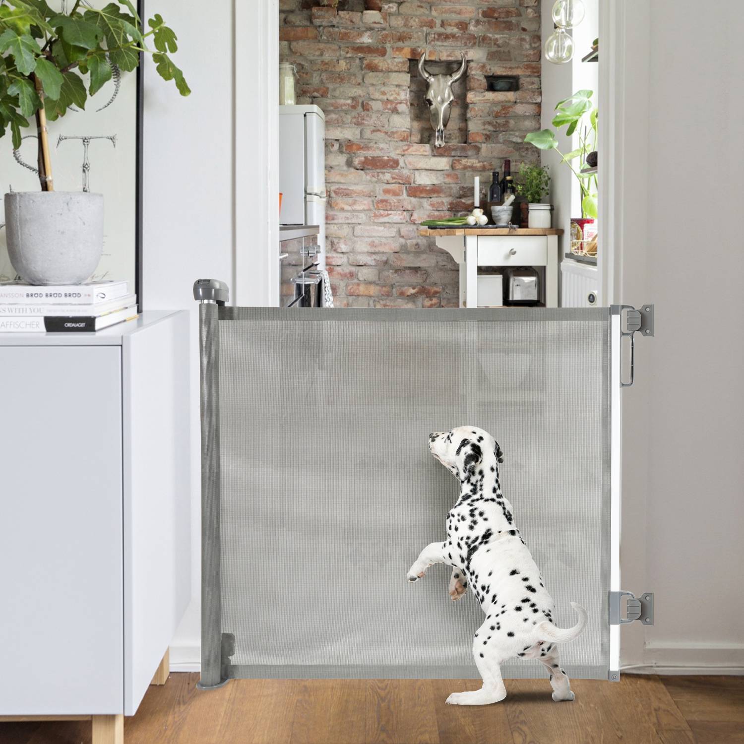 Treppenschutzgitter Ausziehbar Türschutzgitter Absperrgitter Roll, ausziehen 0-150 cm für Kinder & Haustiere, Grau