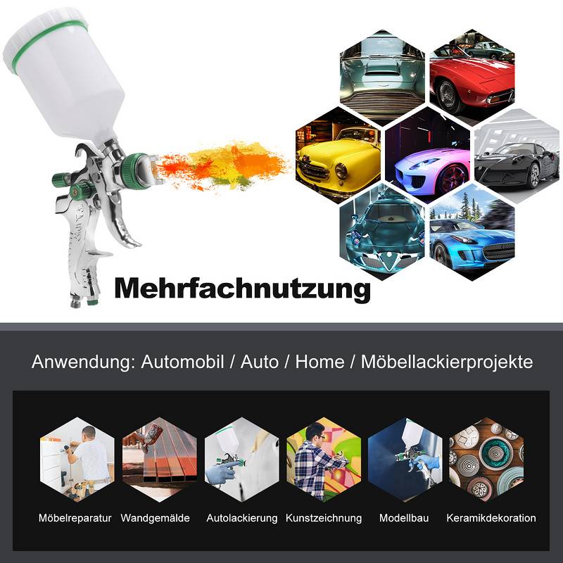 2X HVLP Lackierpistole Düsen(1.4/1,7/2.0mm) Profi Spritzpistole 600ml Profi Spritzpistole