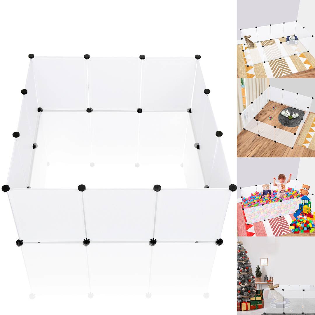 Weißes modulares Laufgitter mit Netzpanelen und schwarzen Verbindern, dargestellt als zusammengebautes quadratisches Gehäuse und in kleineren Beispielen mit einem Baby und Innenspielszenen.