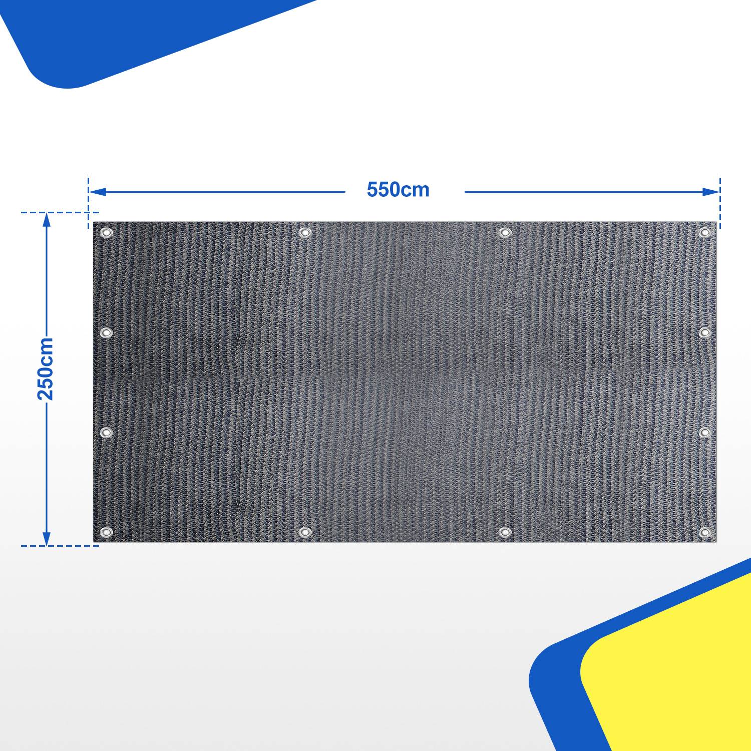 Rechteckige graue Gittermatte mit Ösen, dargestellt mit beschrifteten Maßen von 550 cm Breite und 250 cm Höhe.