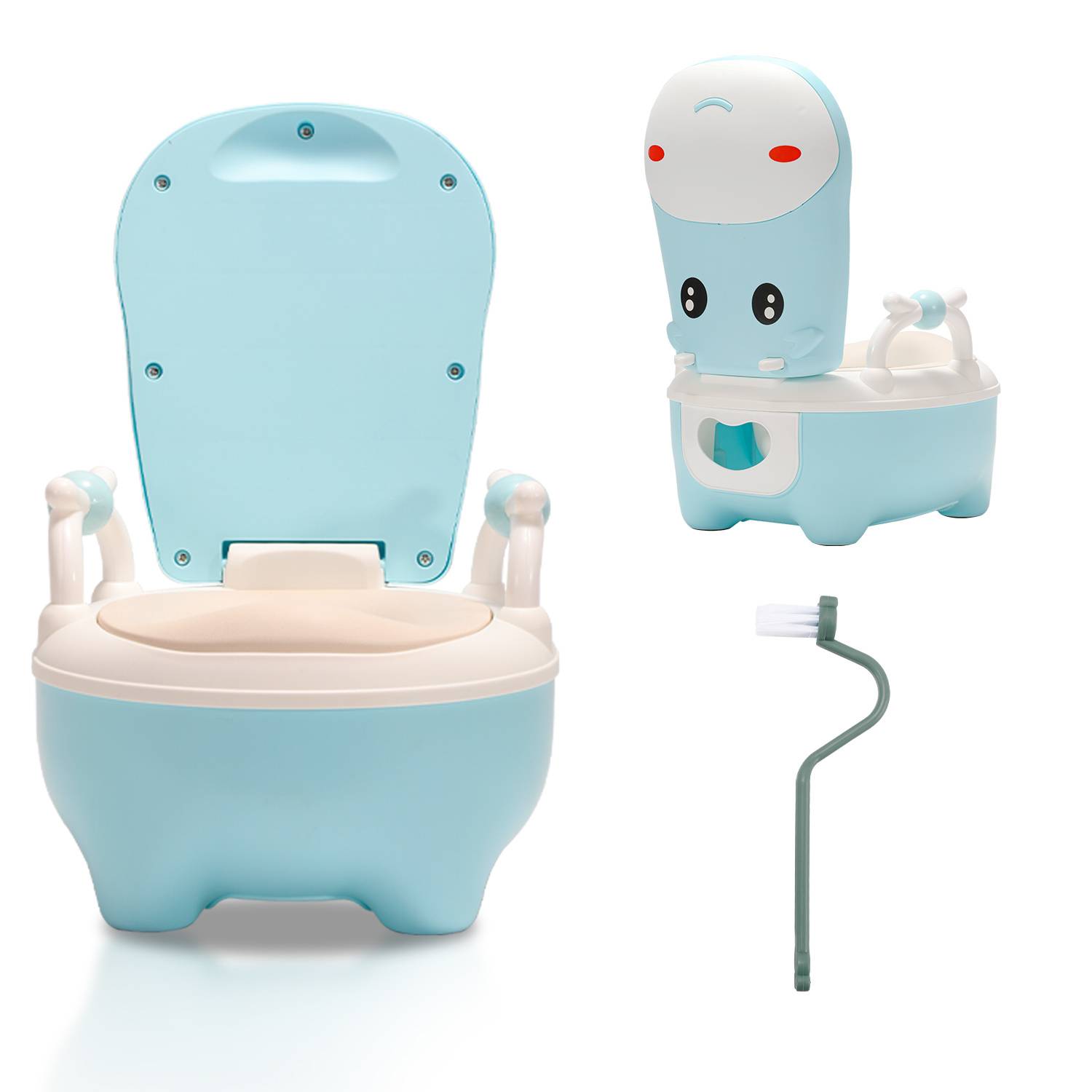 Karikaturarstil blau-weißes Kindertoilettensitz mit Charakterrückenlehne, gezeigt offen und geschlossen, plus kleines Toilettenbürsten-Zubehör.