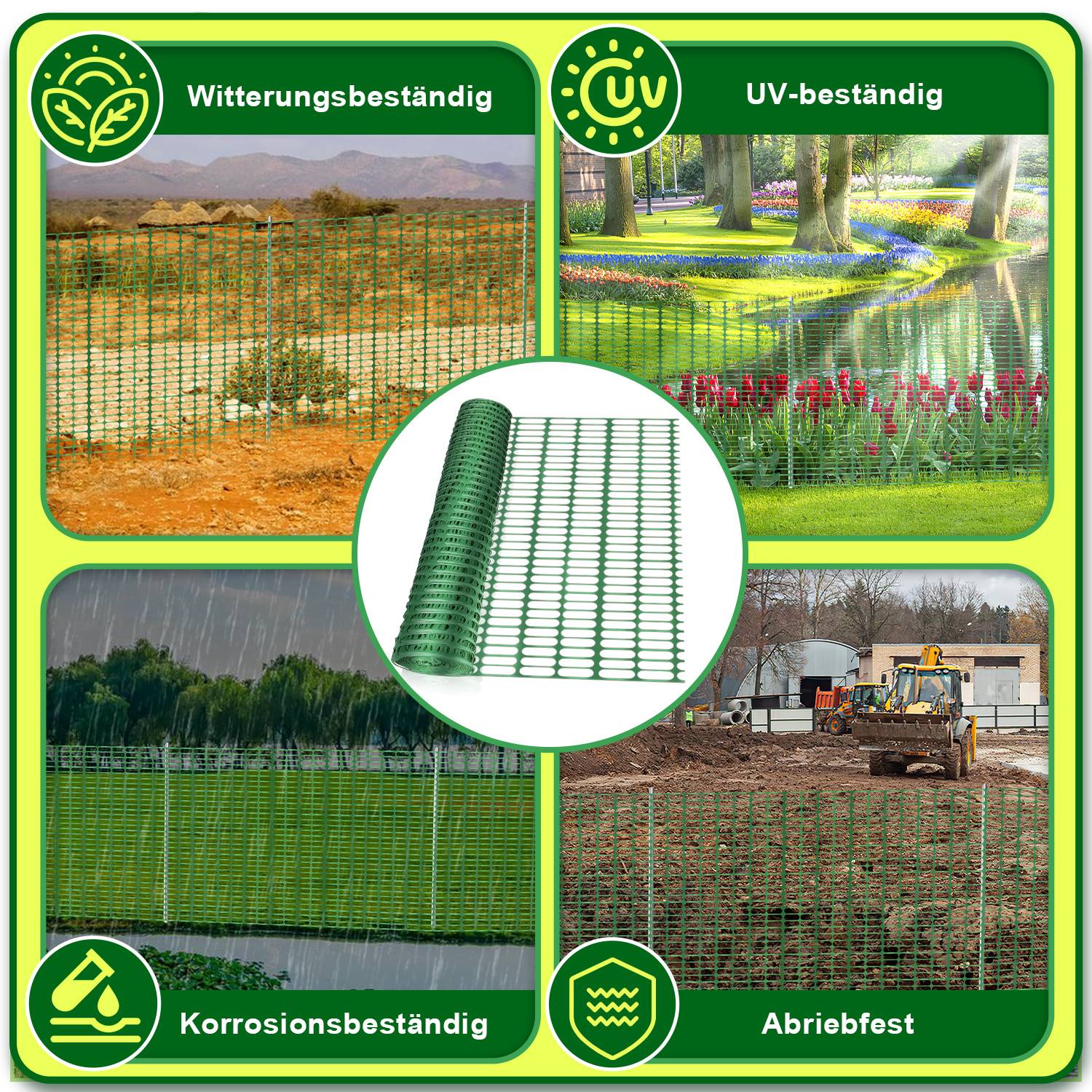 Werbe-Collage einer grünen Maschendrahtzaun-Rolle, die 'Witterungsbeständig', 'UV-beständig', 'Korrosionsbeständig' und 'Abriebfest' hervorhebt, mit Szenen der Außenanwendung.