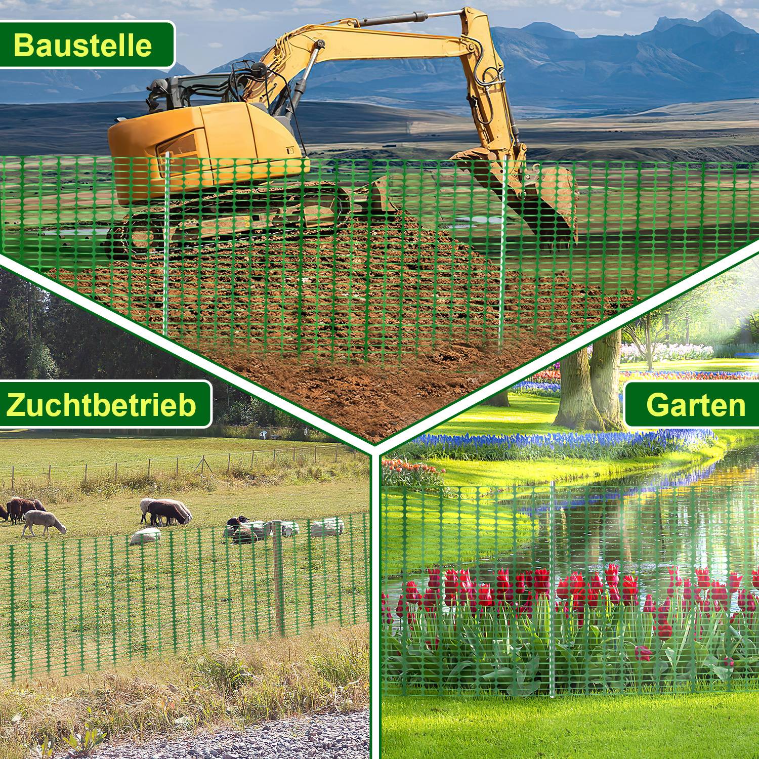 Beispiele für grüne Kunststoffmaschendrahtzäune, die auf einer Baustelle, einem Zuchtbetrieb und in einem Garten verwendet werden, um Bereiche zu markieren und zu schützen.