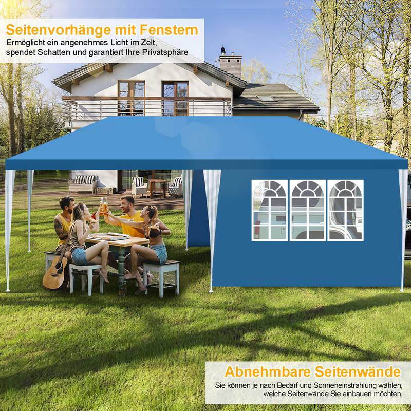 Pavillon Garten mit 3 abnehmbaren Seitenteilen tragbares wasserdichtes Zelt Partyzelt mit Spiralschläuchen und großen Fenstern, für Party Hochzeite