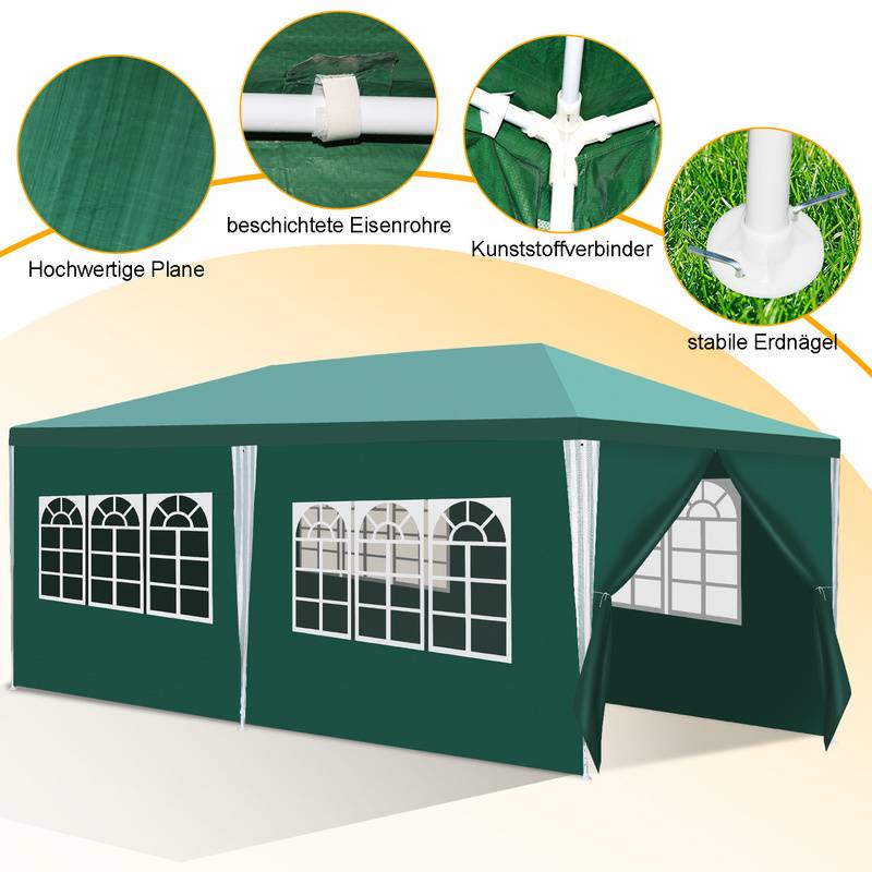 3x6m Garten Pavillon mit Seitenteilen tragbares wasserdichtes Zelt mit Eisenrohr, Grün