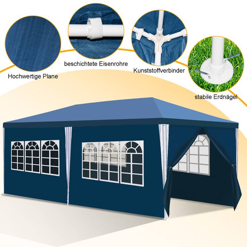 Pavillon mit Fenstern mit Seitenteilen 3 x 6 m Blau