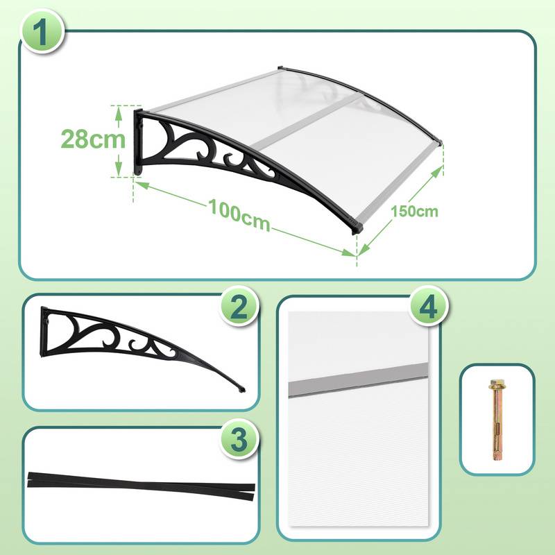 Vordach Überdachung Haustür Türvordach Haustürvordach Pultvordach für Haustür Transparent 100x150CM