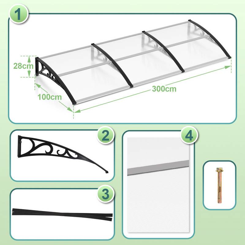 Vordach Überdachung Pultvordach Haustürvordach Türvordach Pultbogenvordach (100x300cm)