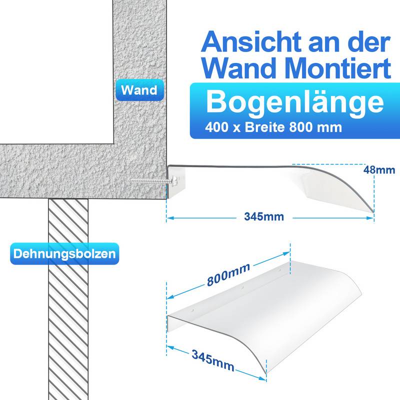 Vordach Haustürdach Pultvordach Türvordach für Haustür und Terrasse 40x80cm Außenwandmontage