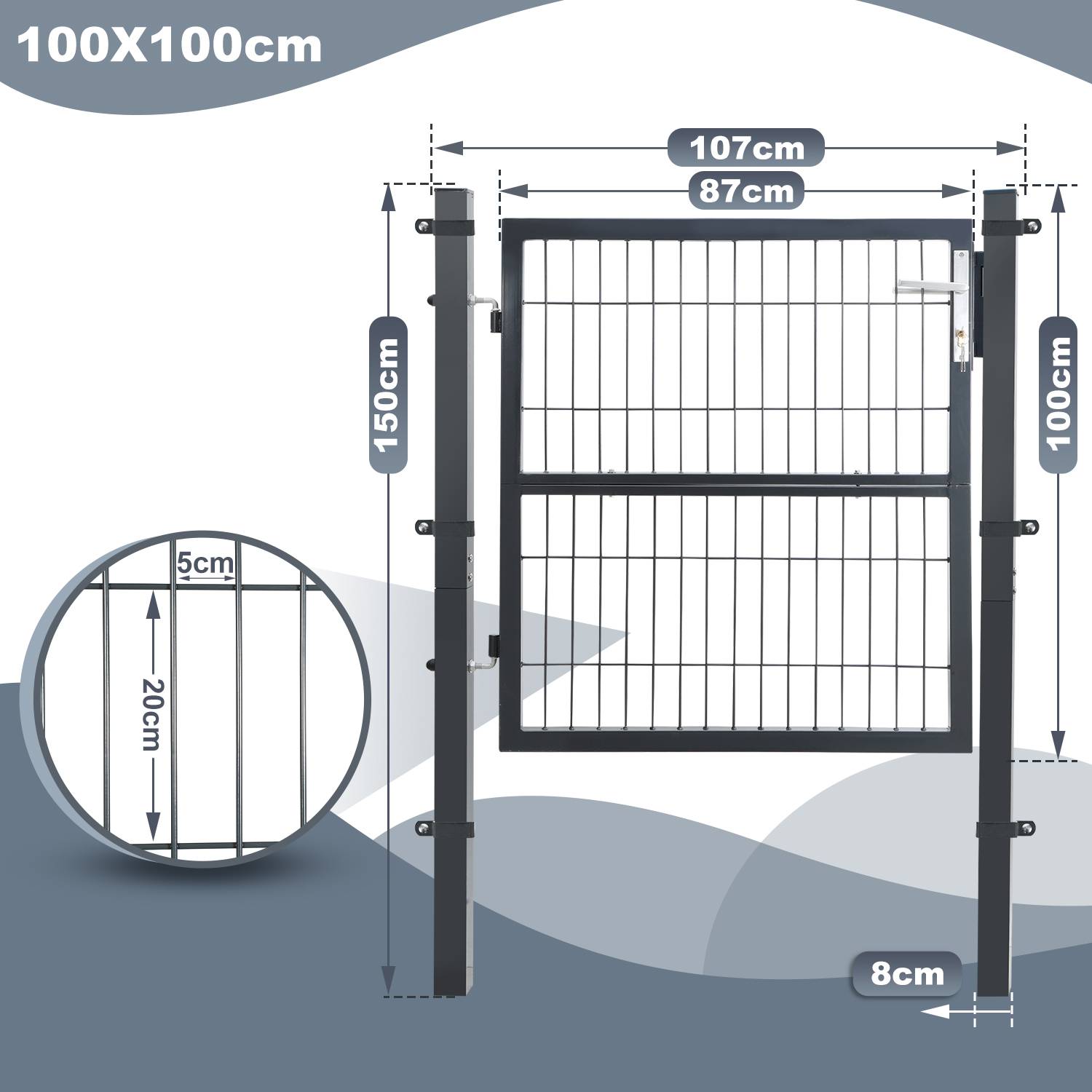 Gartentor Gartentür Zauntür Zauntor Gartenpforte Pforte Gartenzaun Tor verzinkter Stahl Hoftür Garten 100x100CM Anthrazit