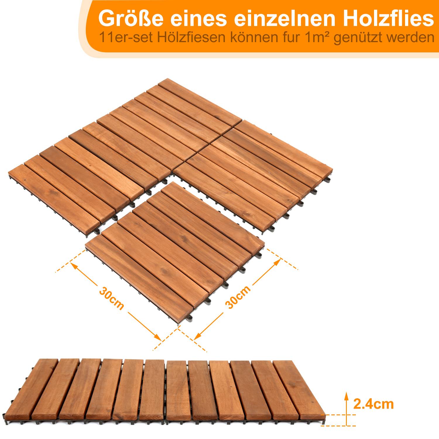 44er Set Holzfliesen Akazie 4m² Terrassenfliesen Klickfliesen Mosaik Klassik 30x30cm