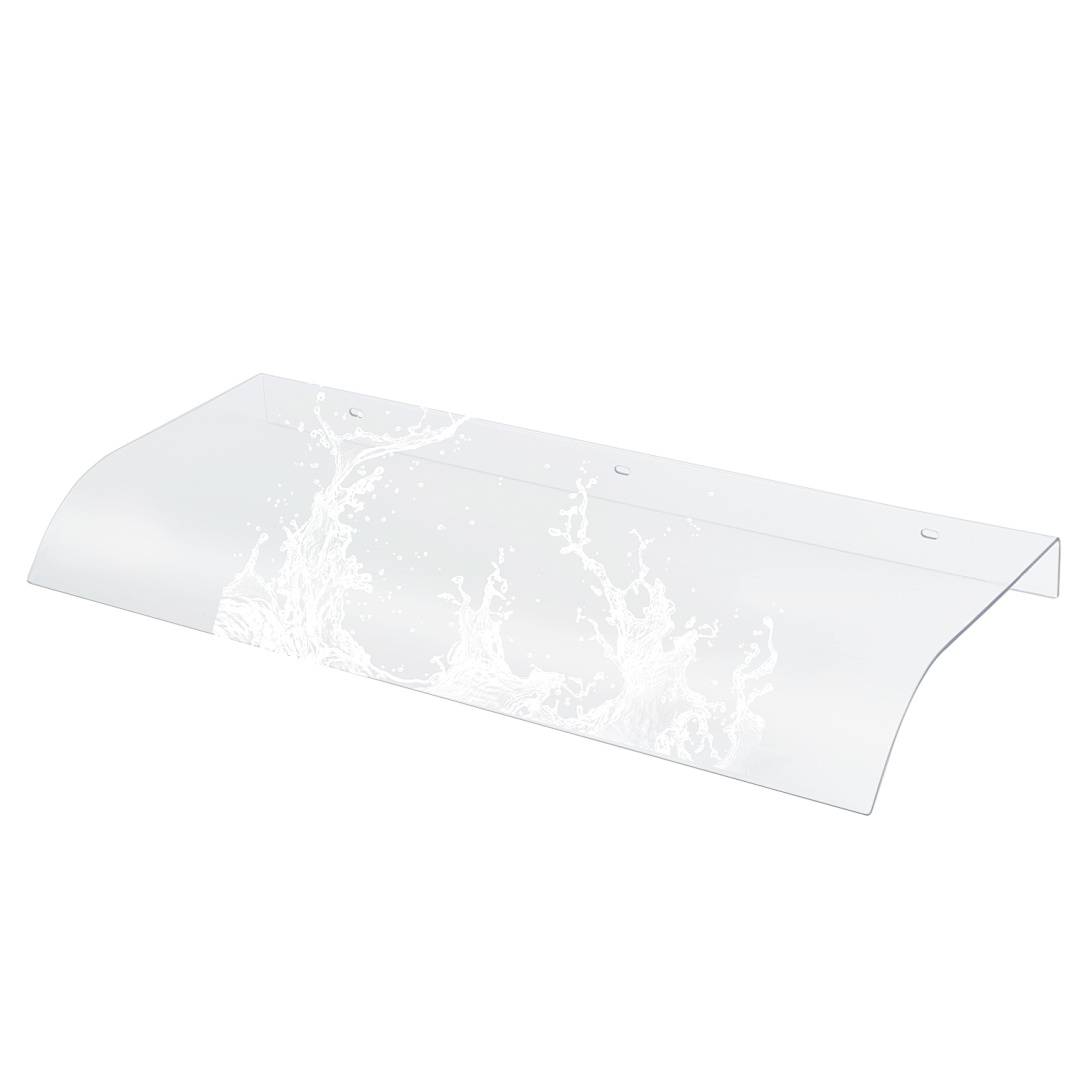 Transparenter, gebogener Schutzschild mit weißer, spritzähnlicher Grafik, isoliert auf einfachem Hintergrund.