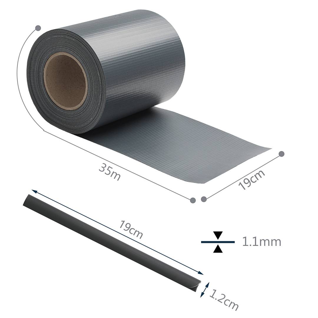 Gerollte graue Bodenmatte dargestellt mit den Abmessungen 35 m lang, 19 cm breit, 1,1 mm dick und 1,2 cm Kantenhöhe.