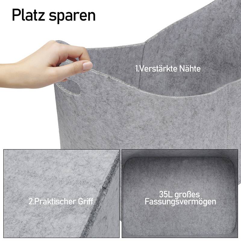 Filztaschen für kaminholz 4 Stück 44 x 31 x 34 cm grau Kaminholztasche Faltbar Filzkorb Kaminholzkorb Einkaufstasche