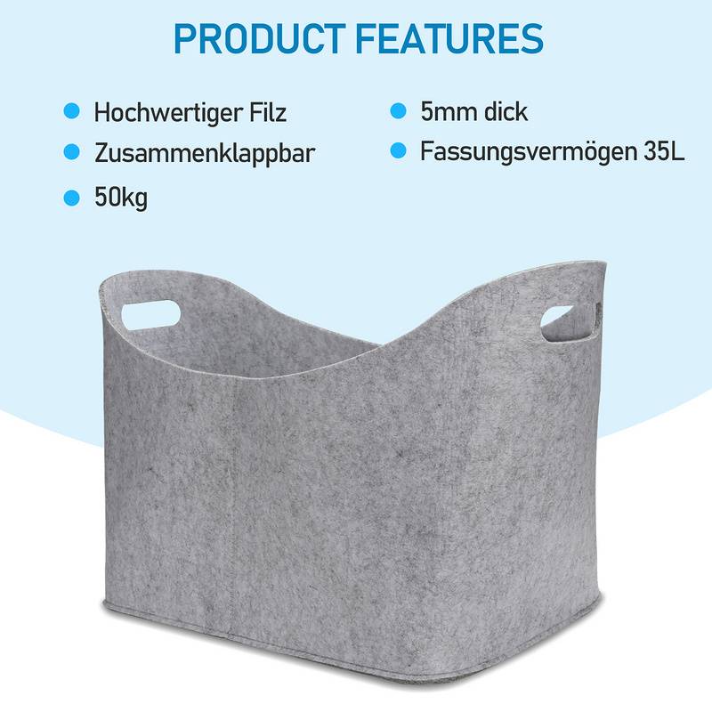 Filztaschen für kaminholz 4 Stück 44 x 31 x 34 cm grau Kaminholztasche Faltbar Filzkorb Kaminholzkorb Einkaufstasche
