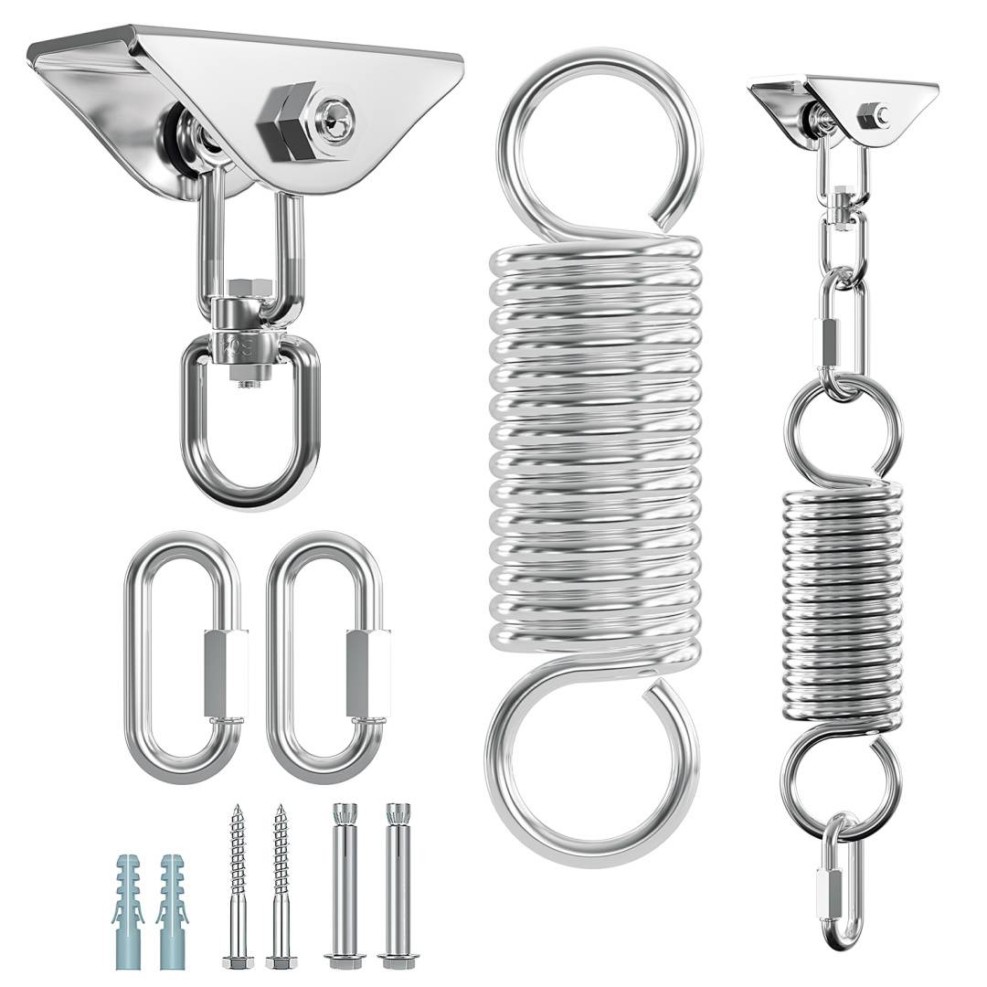 Produktbild von Deckenhaken aus Edelstahl, Feder-/Spiralverbindern, Karabinern und Wandankern in verschiedenen Größen und Konfigurationen.