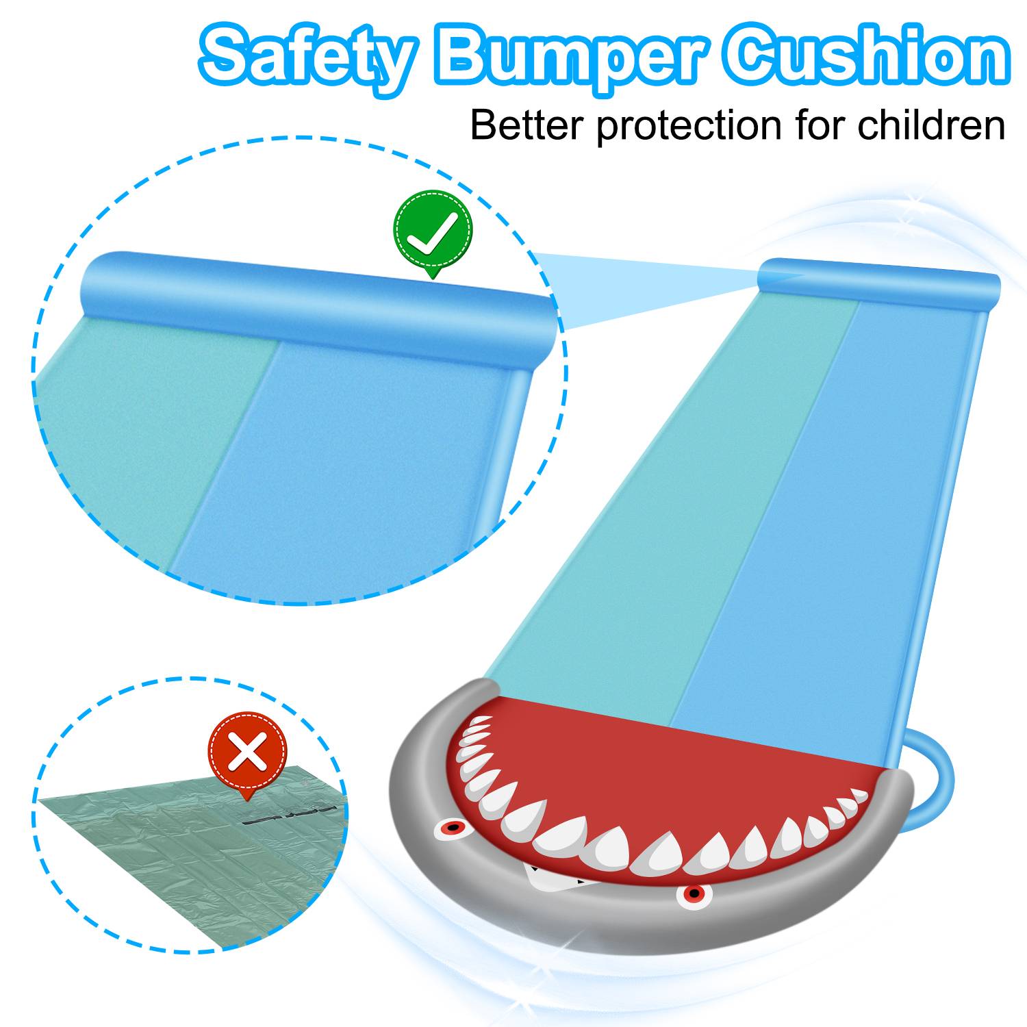 Wasserrutsche Outdoor Sommer Rasen,550 * 145cm Hai-Stil Wasserspielzeug Garten Wassermatte, Wasser Rutsche mit 2xSurfbrett, mit eingebautem