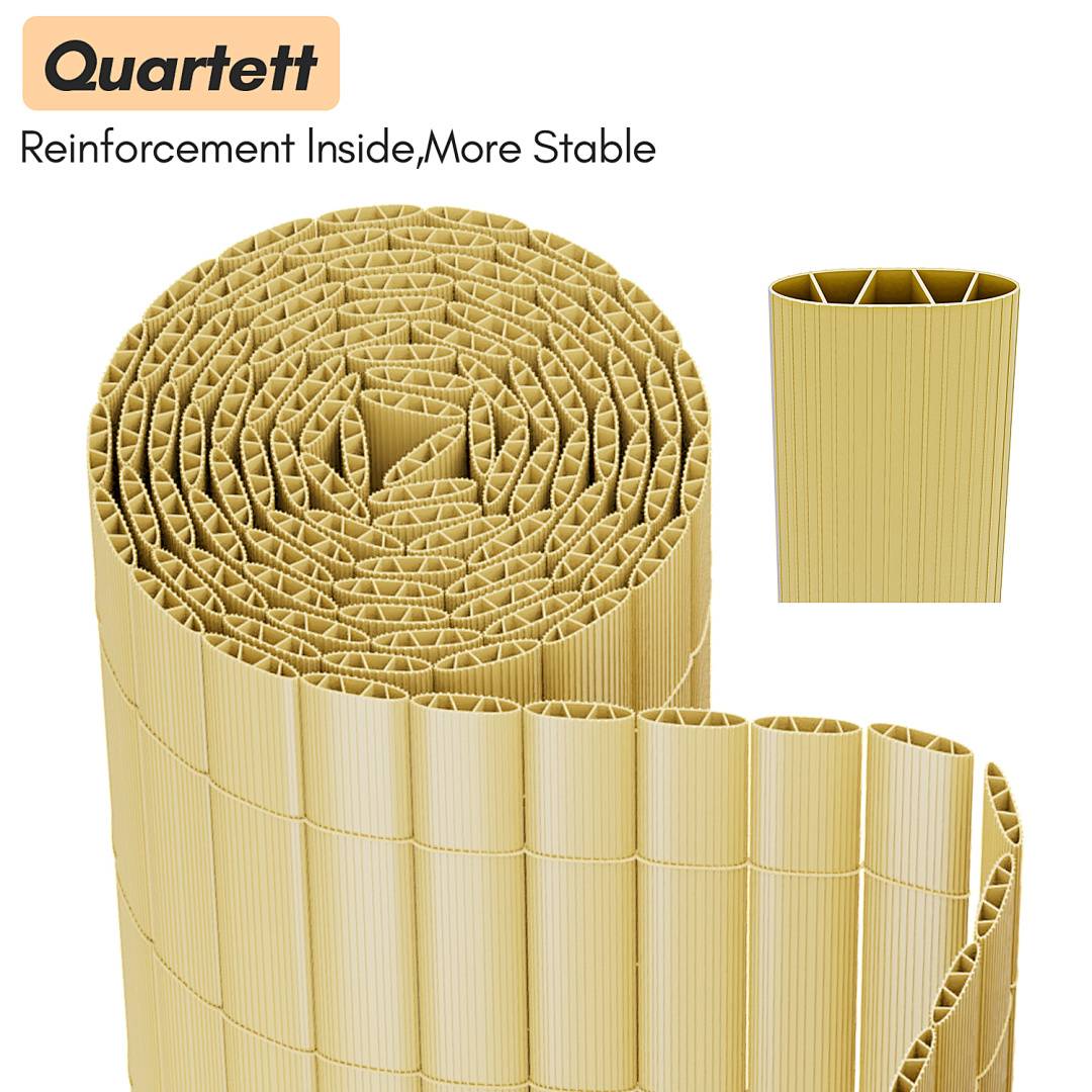 Diagramm eines gewellten Kartonblatts mit der Bezeichnung „Quartett" und dem Text „Verstärkung innen, stabiler"", zeigt einen verstärkten wabenähnlichen Kern und einen gefalteten Querschnitt.