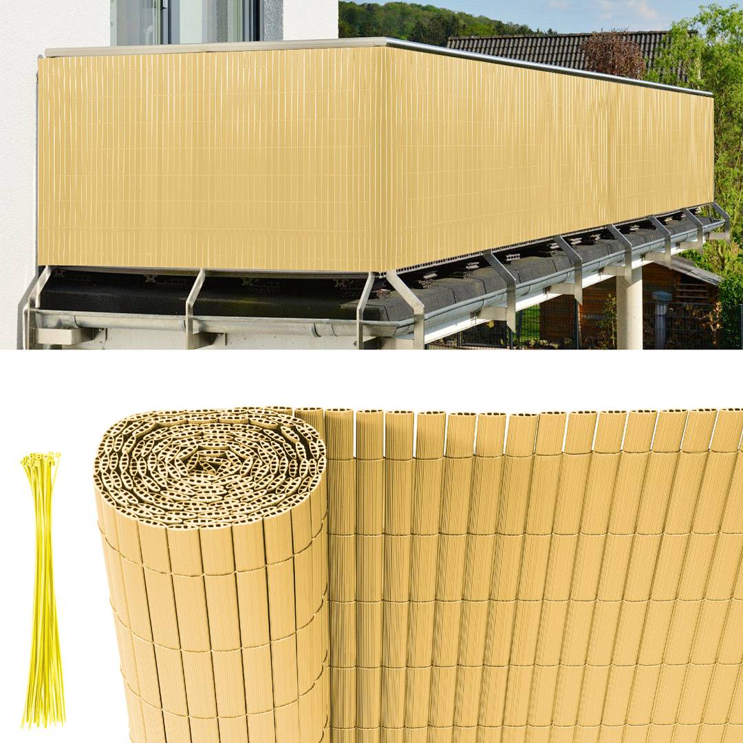 Modulare Bambusähnliche Verkleidungspaneele, die an der Außenseite eines Gebäudes installiert sind, mit einer Nahaufnahme des gerollten Panelmaterials und gebündelten Bindungen.