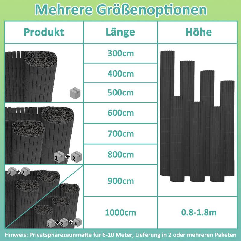 PVC Sichtschutzmatte Sichtschutzzaun Sichtschutz für Zaun Garten Wetterfest Grau 180x900cm