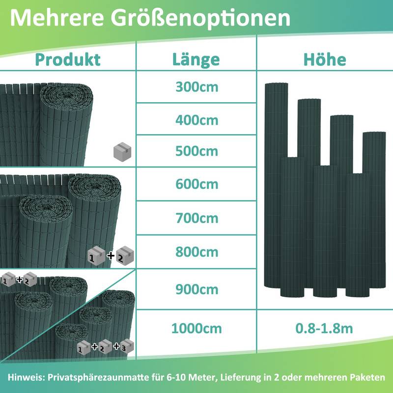 PVC Sichtschutzmatte Sichtschutzzaun Sichtschutz für Zaun Garten Wetterfest Grün 90x700cm