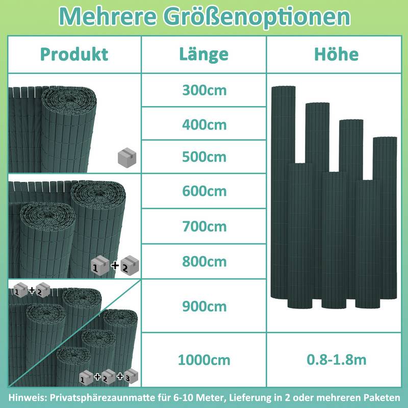 PVC Sichtschutzmatte Sichtschutzzaun Sichtschutz für Zaun Garten Wetterfest Grün 140x600cm