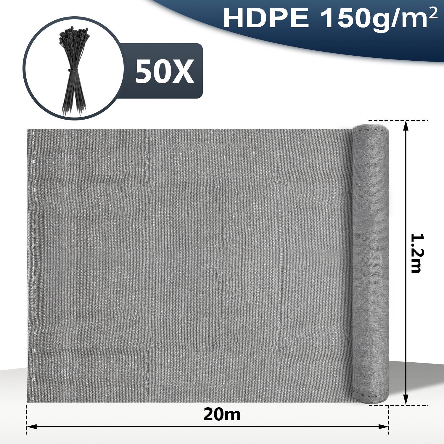 Grauer HDPE-Sichtschutzgeweberolleniun, 20 m lang und 1,2 m hoch, mit Kennzeichnung 150 g/m² und 50X, gezeigt mit Symbol für gebündelte Befestigungsbänder.