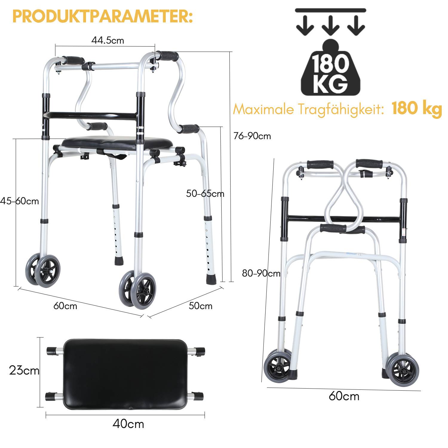 Produktparameterdiagramm eines Gehwagens mit Sitz: maximale Belastung 180 kg, Abmessungen angegeben für Höhe, Breite, Tiefe, Sitzhöhe und Griffhöhe.