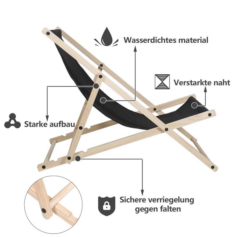Liegestuhl Strandliege Sonnenliege Gartenliege Holz Liege Holzstrandliege120kg schwarz 2 Stück