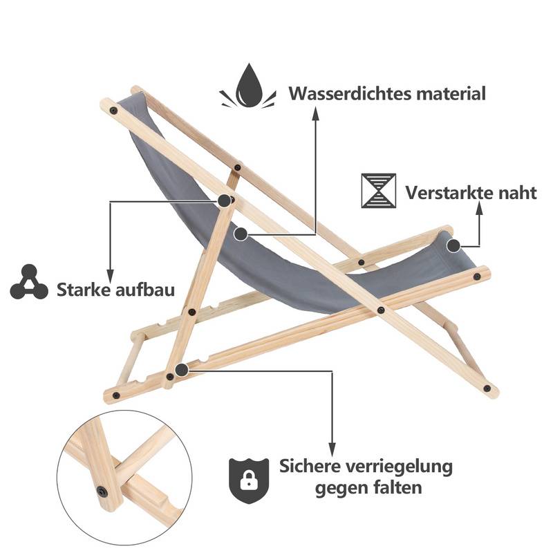 Liegestuhl Camping Relaxliege Klappbar Holz Gemühtlicher klappliege Sonnenstuhl Holz Grau